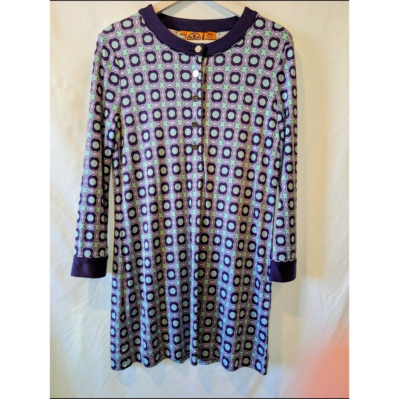 Tory Burch Navy, Purple, Mint Geometric Mini Shift Dress M Euc
